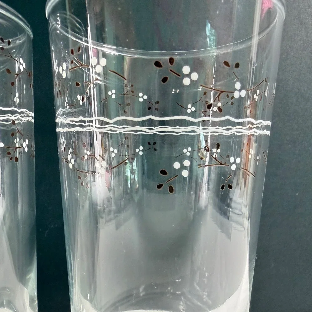 2 Vintage Floral Berry Highball Juice Glasses Set Clear Botanical Tumblers 6.25